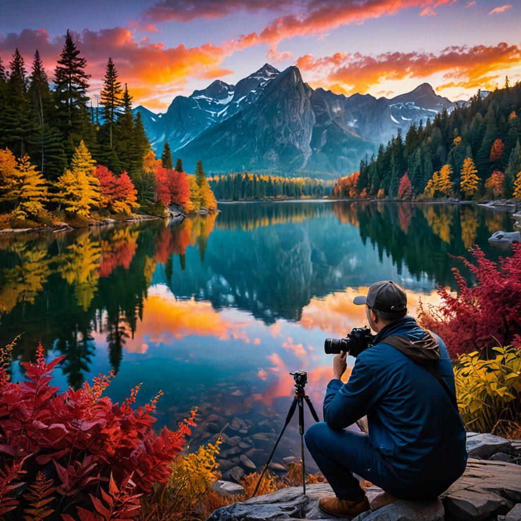 A breathtaking landscape with a photographer capturing the scene, showcasing vibrant colors like a sunset or autumn foliage. Include a vintage camera in focus, with a blurred background of lush mountains or a serene lake. Incorporate elements of creativity such as paintbrushes and color palettes scattered around, symbolizing the fusion of photography and artistry. super-realistic. vibrant colors. 3D.