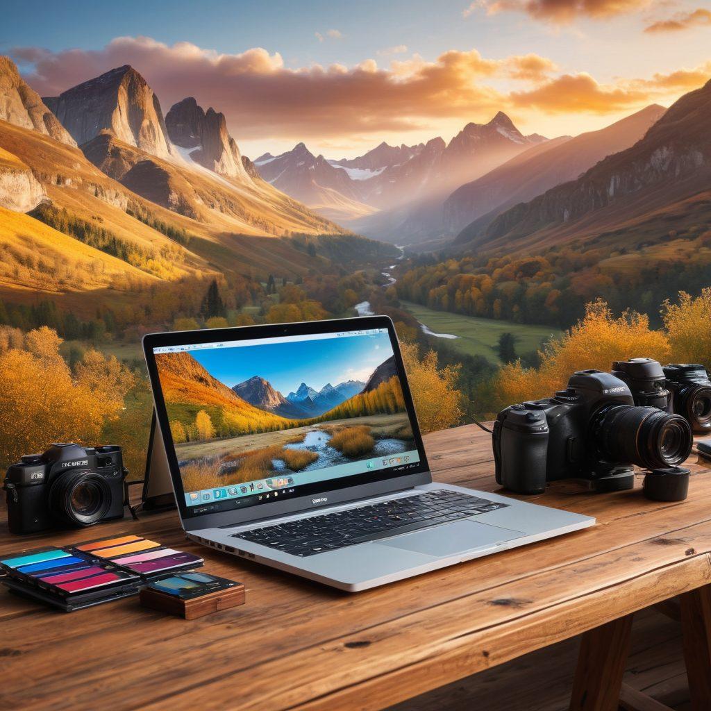 A vibrant photo composition showcasing a professional camera gear laid out on a rustic wooden table. Include essential editing tools like a laptop with editing software on the screen, color swatches, and photo prints. In the background, a beautifully captured landscape photo hints at the stunning outcomes of using the gear. The scene should evoke a sense of creativity and inspiration. super-realistic. vibrant colors. natural lighting.